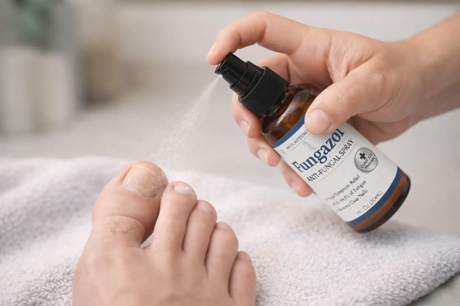 Person applying antifungal spray directly to the big toenail